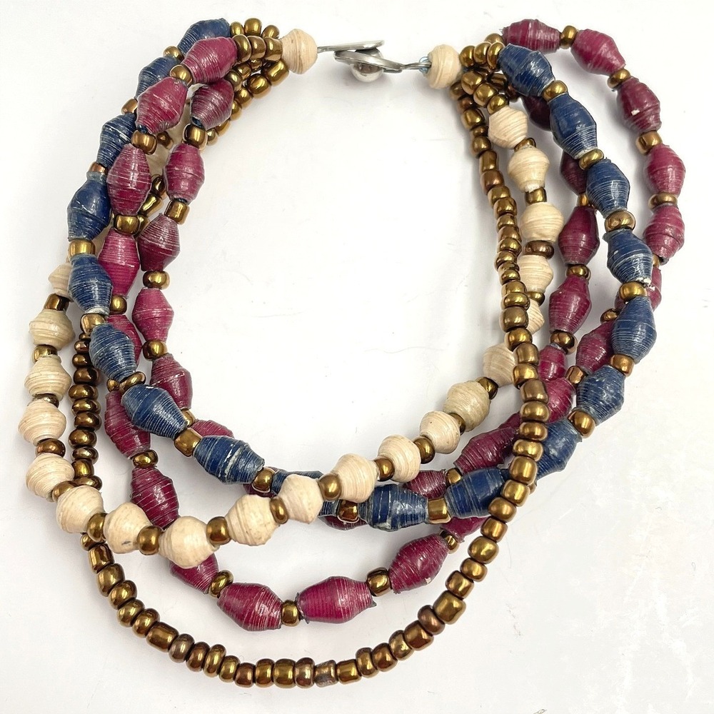 Vintage 90s Multi-Strand Paper Bead Bracelet Gold Tone Classic Boho Jewelry Y2K